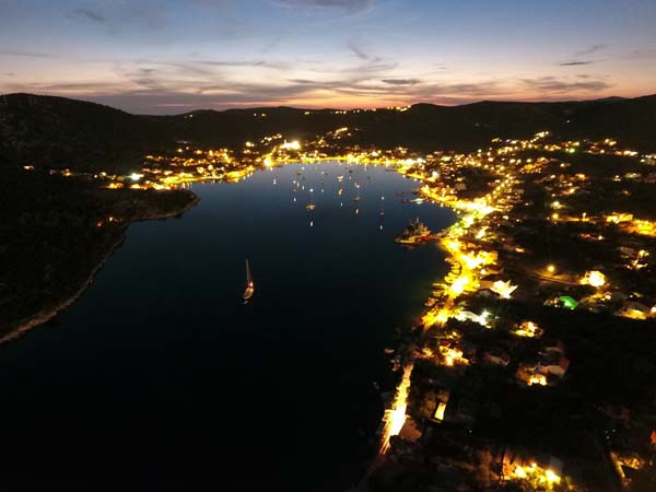 Vinisce bay at night, view from the house or apartment, rental, Croatia